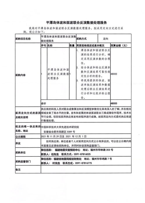 福建地震災害預防中心平潭島體波與面波聯(lián)合反演數據處理服務定向采購公告